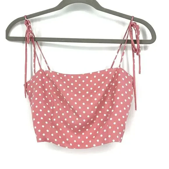 Zara Pink Polka Dot Crop Top Small Strappy Smocked Tube Top - Picture 5 of 5